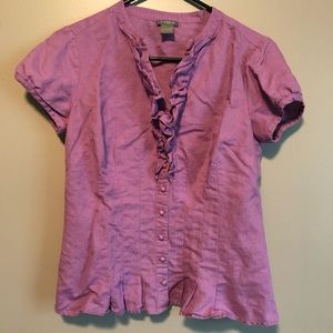 Women’s lite purple button up linen/cotton blouse with ruffles.